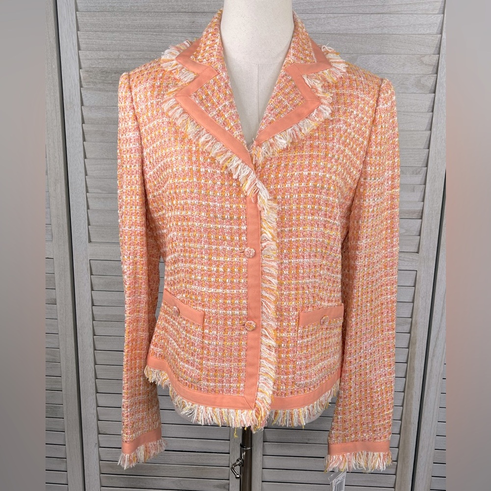 GRACE ELEMENTS Tweed Blazer with Fringe Trim Peach-10